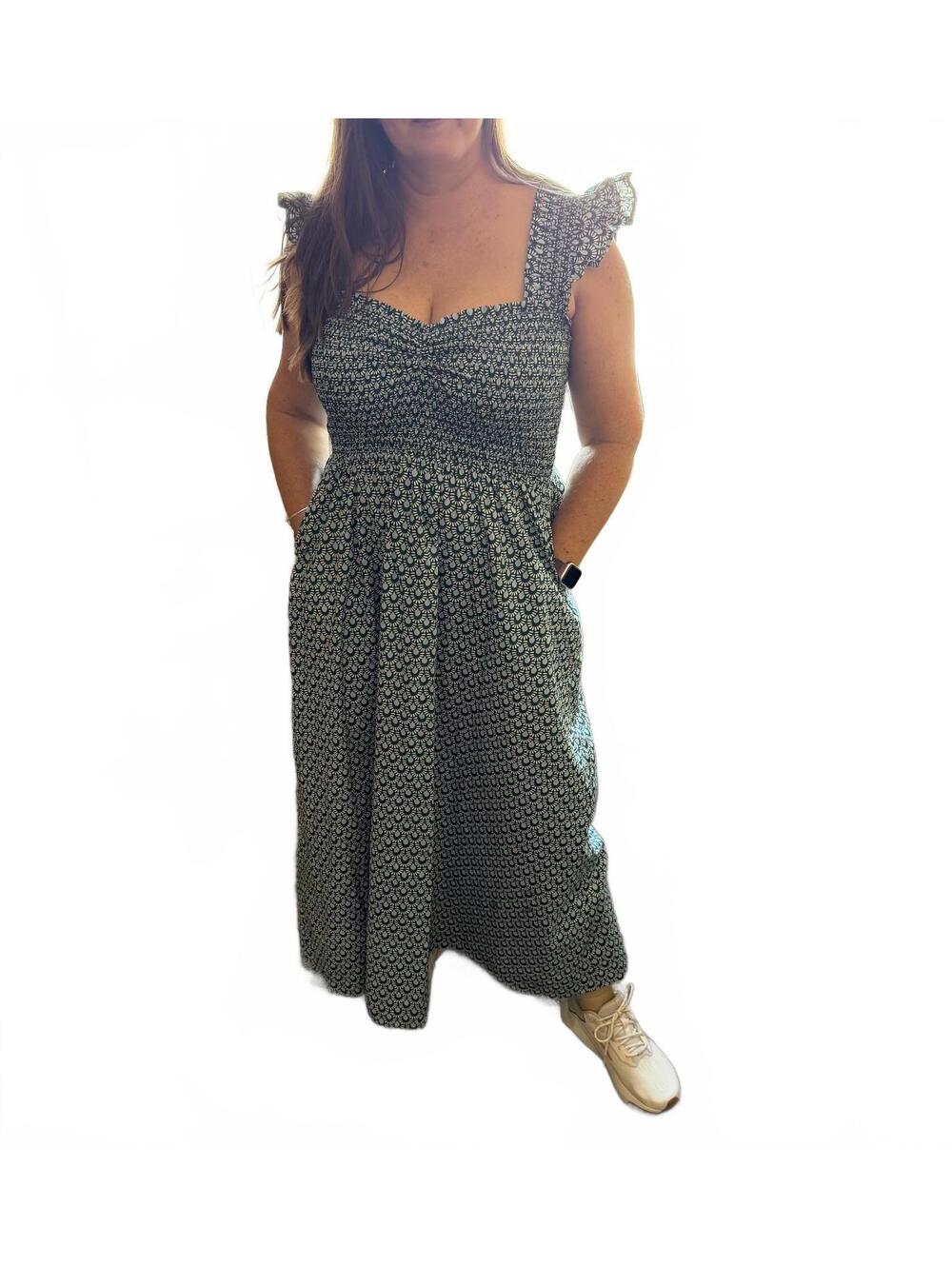 LOFT Beach Maxi Dress Medium Green Geometric Smocked Cotton Pockets Feminine